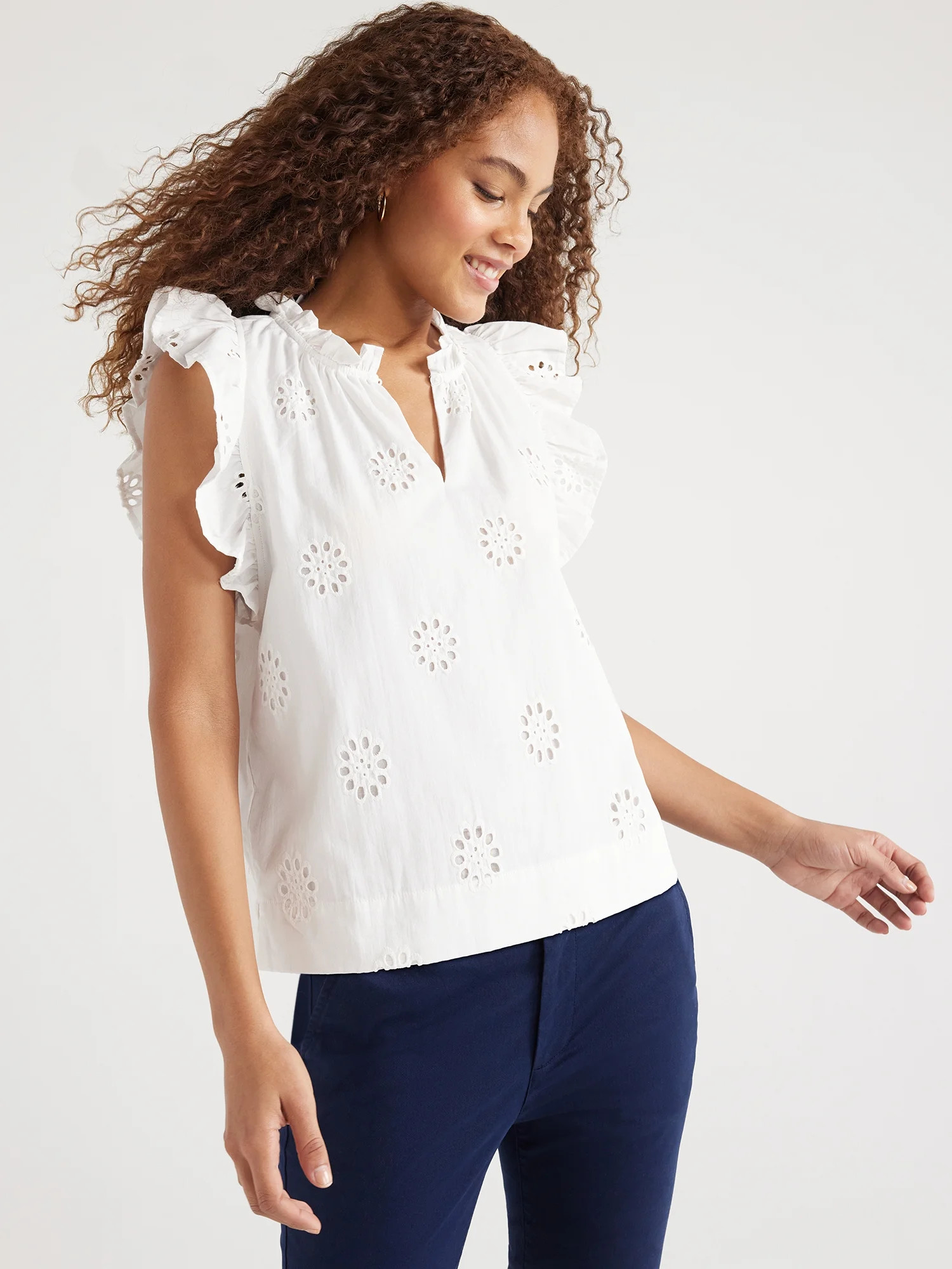 Free Assembly Women's Cotton Sleeveless Flutter Eyelet Top, Sizes XS-XXL | Walmart (US)