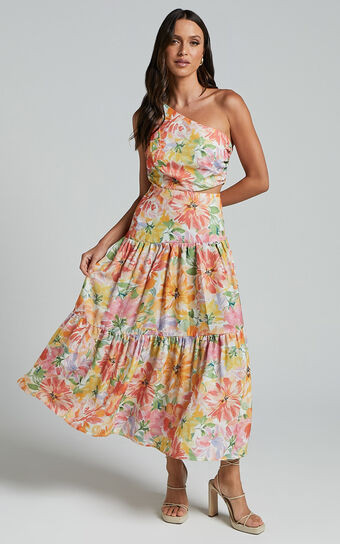 Mitzy Midi Dress - One Shoulder Cut Out Tiered Dress in Summer Floral | Showpo (US, UK & Europe)