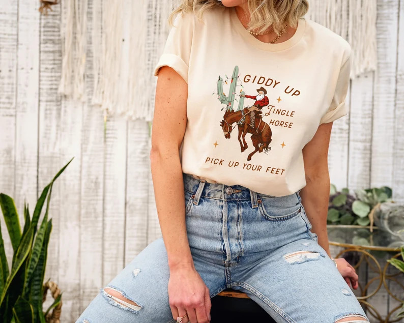 Cowboy Christmas Sweater Giddy up Jingle Horse Pick up Your - Etsy | Etsy (US)