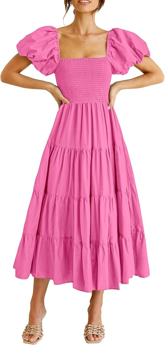 PRETTYGARDEN Women's Casual Summer Midi Dress Puffy Short Sleeve Square Neck Smocked Tiered Ruffle D | Amazon (US)