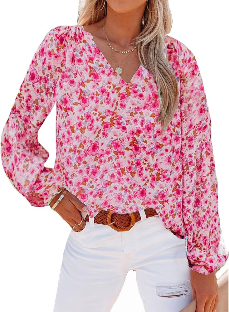 LuckyMore Womens Boho Tops Floral Pleated V Neck Long Sleeve Flattering Summer Blouse Shirts | Amazon (US)