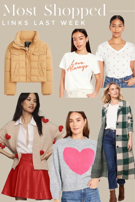 Here’s our most shopped links from last week!  Valentines Tees, a super size heart sweater, the sweetest poofy heart cardigan, a checkered duster sweater jacket, and the best deal on this puffer coat.

#Valentine’sDay #ValentinesOutfits #WinterOutfits #ValentineSweater #ValentinesTees #mostshopped

#LTKSeasonal #LTKfindsunder50 #LTKsalealert