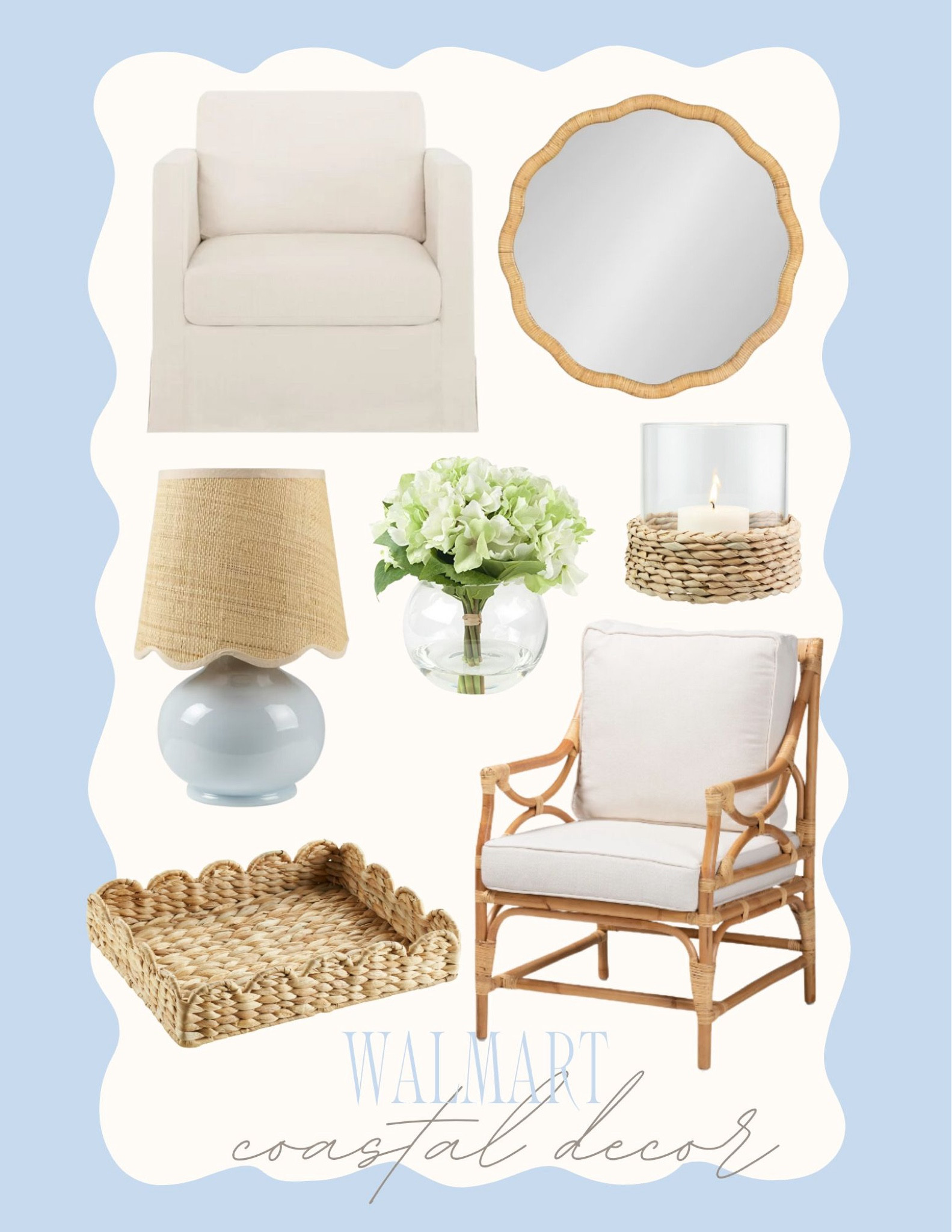 Walmart coastal decor favorites including this slipcovered swivel chair (we own it and the slipcovers are fully removable for washing!), rattan armchair, scalloped wavy mirror, scalloped tray, the cutest look for less lamp with scalloped shade, faux hydrangea arrangement, and seagrass hurricane pillar that can also be used as a vase. Linking even more coastal decor favorites from Walmart as well!
.
#ltkhome #ltkfindsunder50 #ltkfindsunder100 #ltkseasonal #ltksalealert #ltkstyletip designer look for less coastal furniture, affordable Serena & Lily stylee 

#LTKHome #LTKSeasonal #LTKFindsUnder50