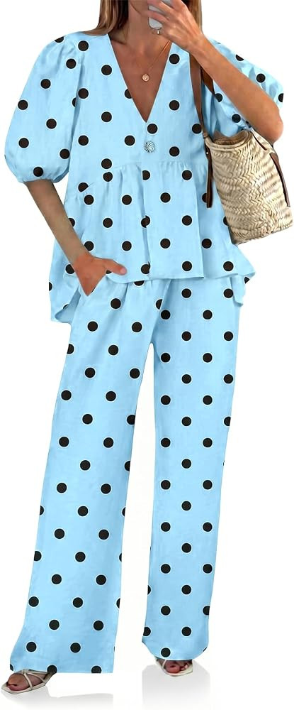Tankaneo Womens 2 Piece Linen Sets Summer Vacation Outfits V Neck Puff Sleeve Babydoll Tops Wide ... | Amazon (US)