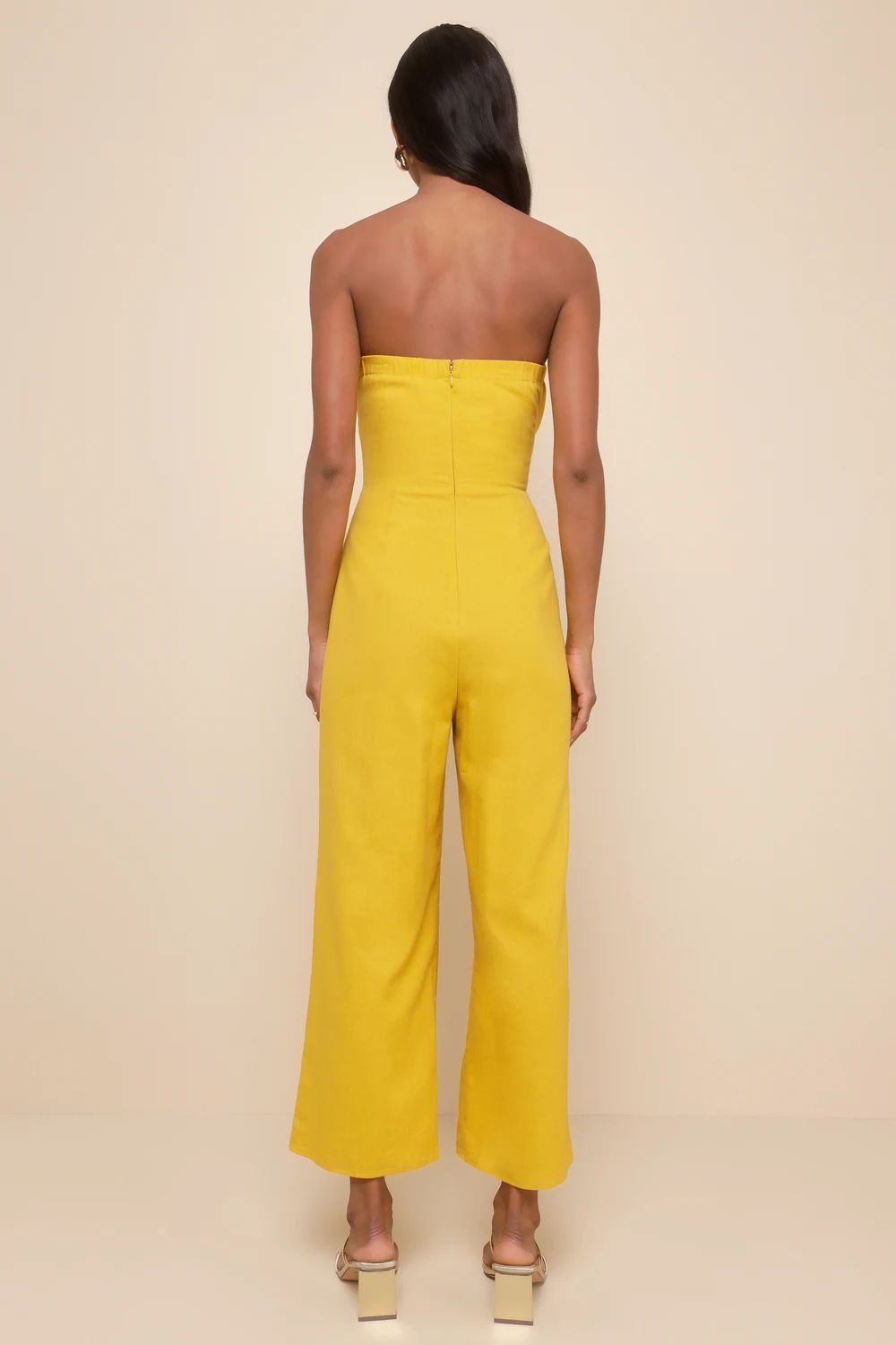 Sunshine Aura Mustard Yellow Tie-Front Strapless Jumpsuit | Lulus