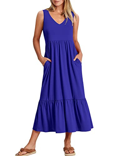ANRABESS Women Summer Maxi Dresses A-line Tiered Flowy V Neck Sleeveless Swing 2026 Casual Beach Travel Sundress with Pockets Royal Blue | Amazon (US)