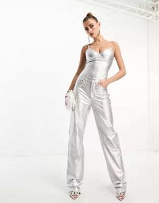 Naked Wardrobe leather look corset bodysuit and trouser co-ord in silver | ASOS (Global)
