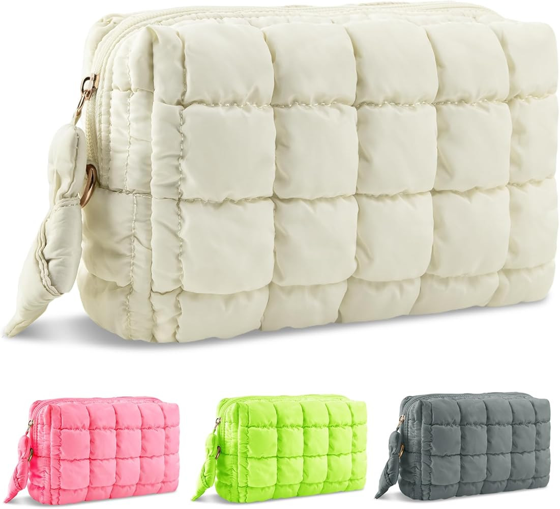 Puffer Quilted Makeup Bag Cosmetic Bags,Puffy Travel Toiletry Pouch for Women,Cute Checkered Zipp... | Amazon (US)