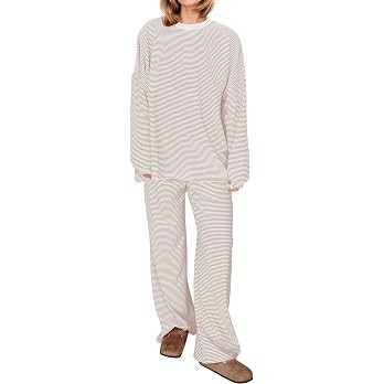 MISSACTIVER Women's 2 Piece Striped Lounge Set Long Sleeve Oversized T-Shirt Wide Leg Pants Match... | Amazon (US)