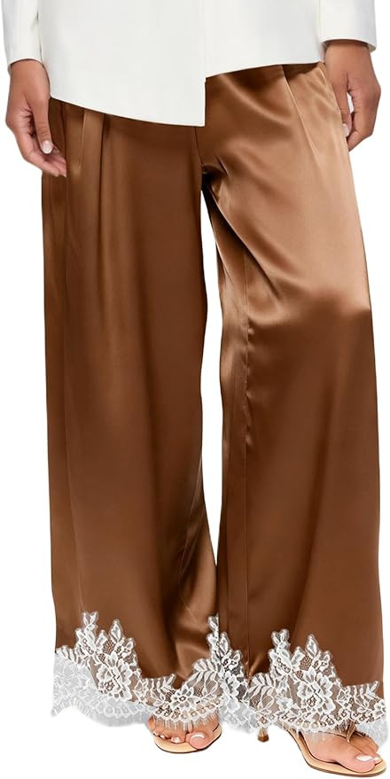 Women Satin Silk Lace Trim Pants Y2k Elastic Waist Wide Leg Pj Lounge Boxer Bottoms Trendy Causal... | Amazon (US)