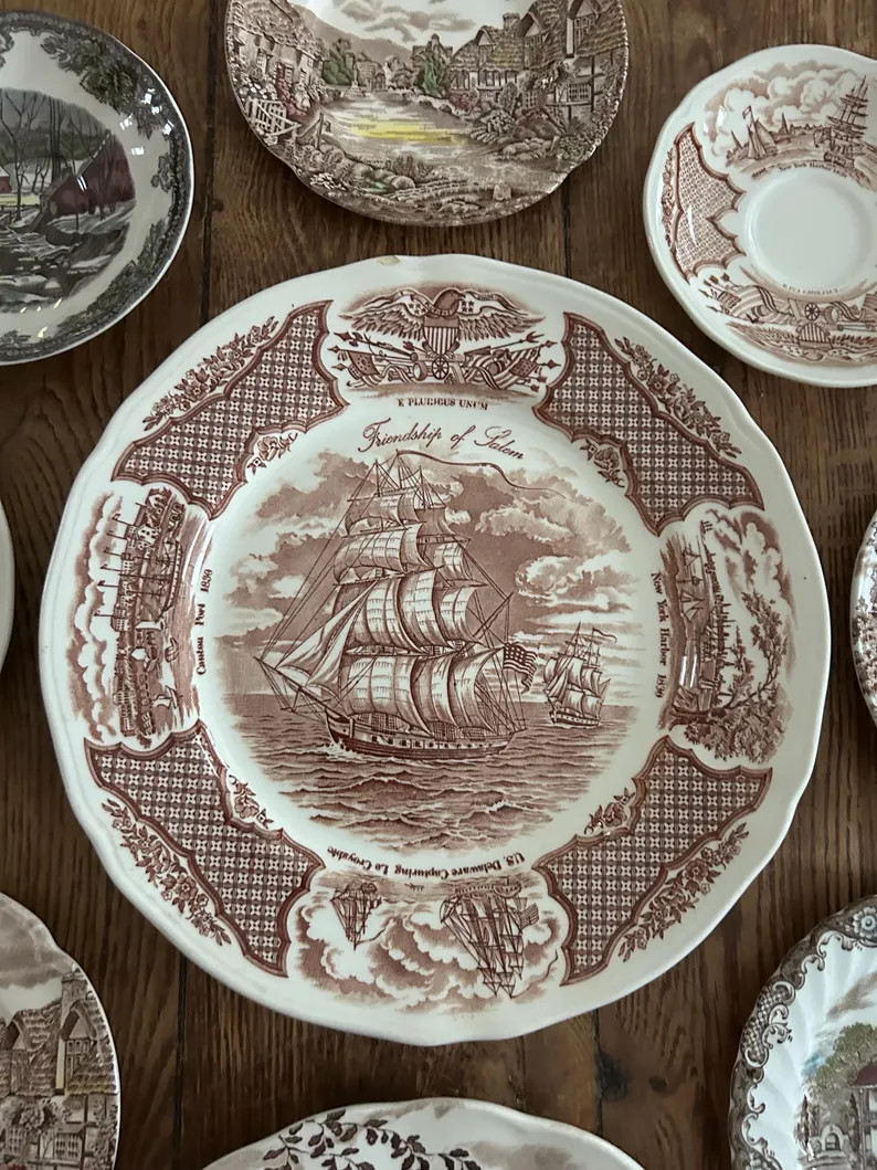 Set of 9 Mismatched Brown Transferware Plates, Cottage Decor, Instant Wall Art | Etsy (US)