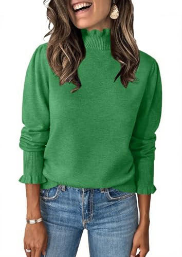 Womens Ruffle Mock Neck Sweater Puff Long Sleeve Fall Trendy Pullover Tops | Amazon (US)
