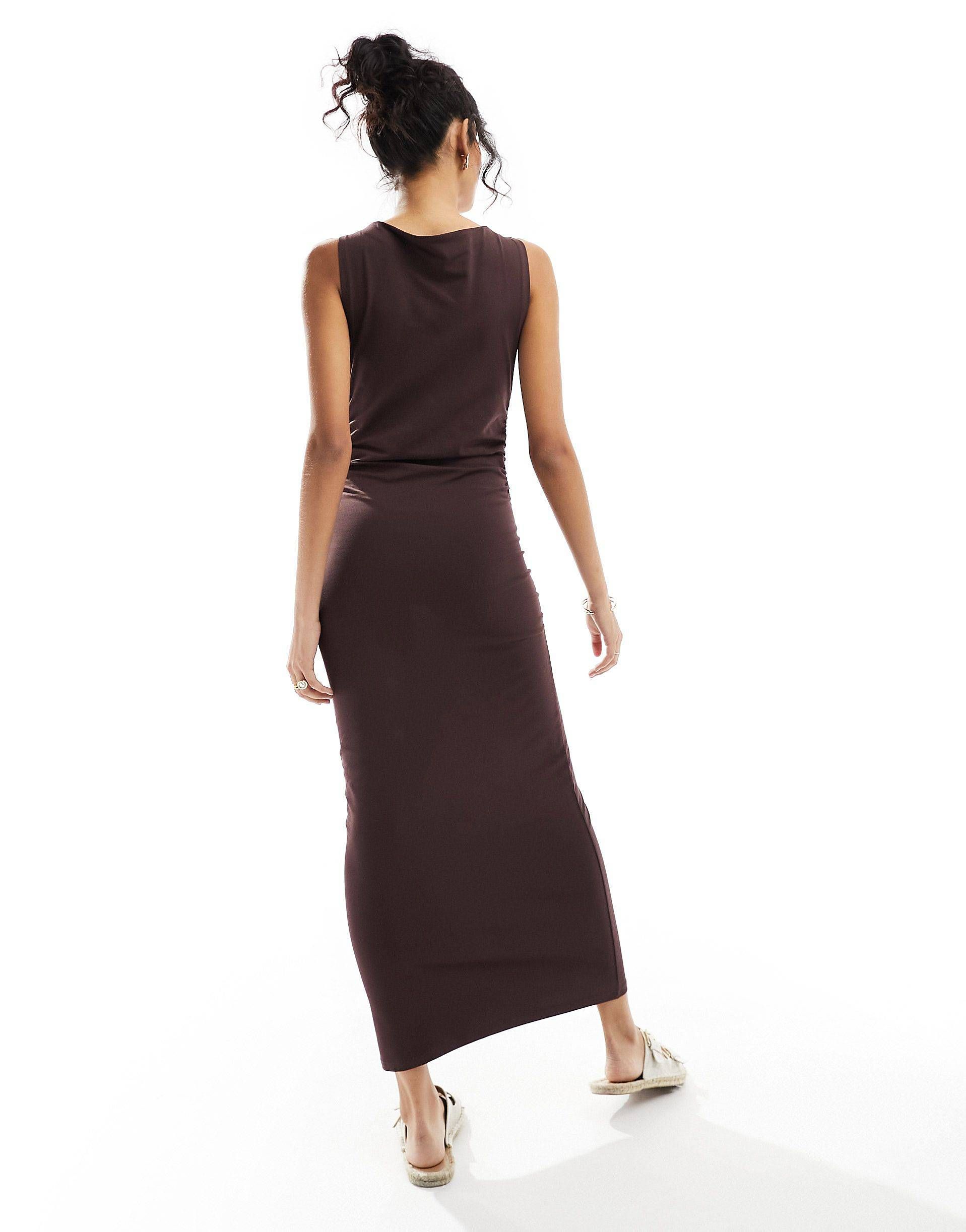 ASOS DESIGN boat neck maxi dress with ruched sides in chocolate  | ASOS | ASOS (Global)