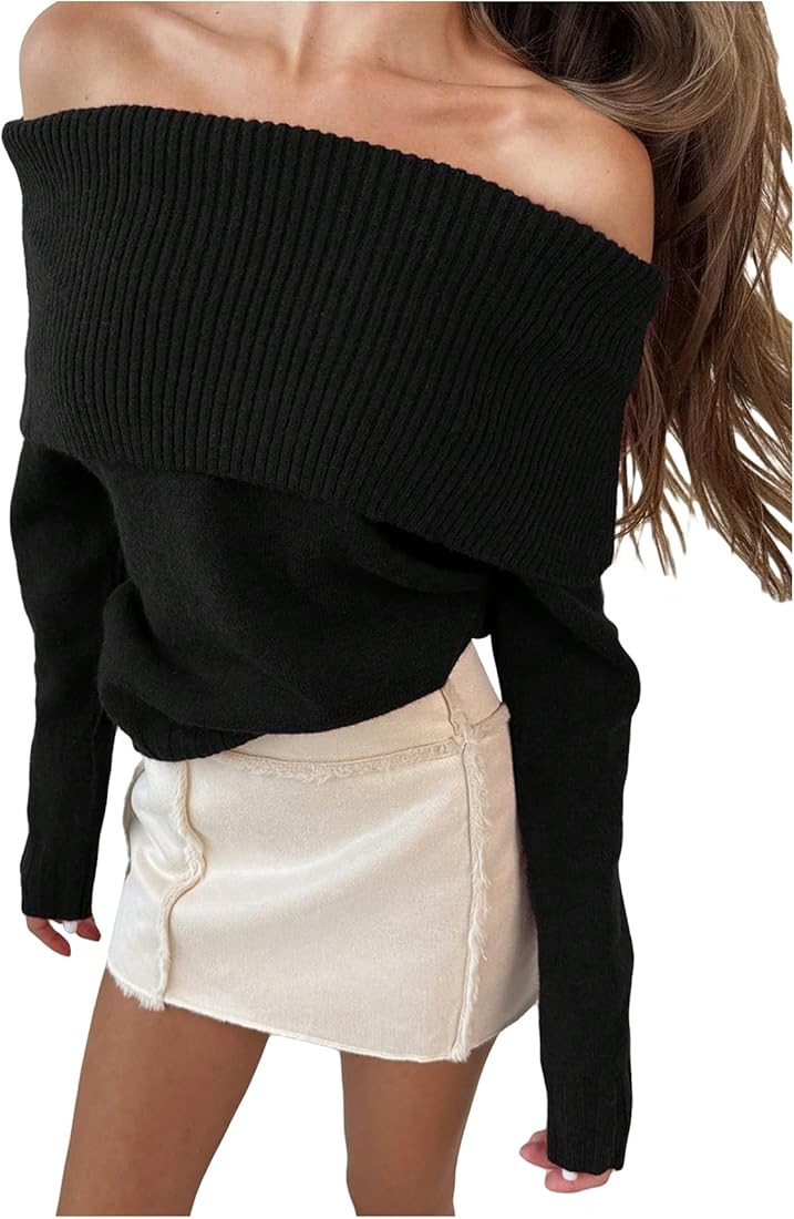 Verdusa Women's Off The Shoulder Knit Tops Long Sleeve Pullover Sweaters | Amazon (US)