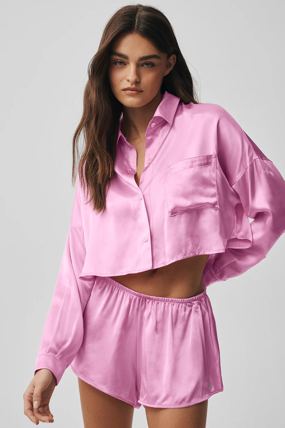 ALO | Silk Luminous Cropped Button Down Long Sleeve Underwear in Candy Heart Pink, Size: Small | Alo Yoga (US)