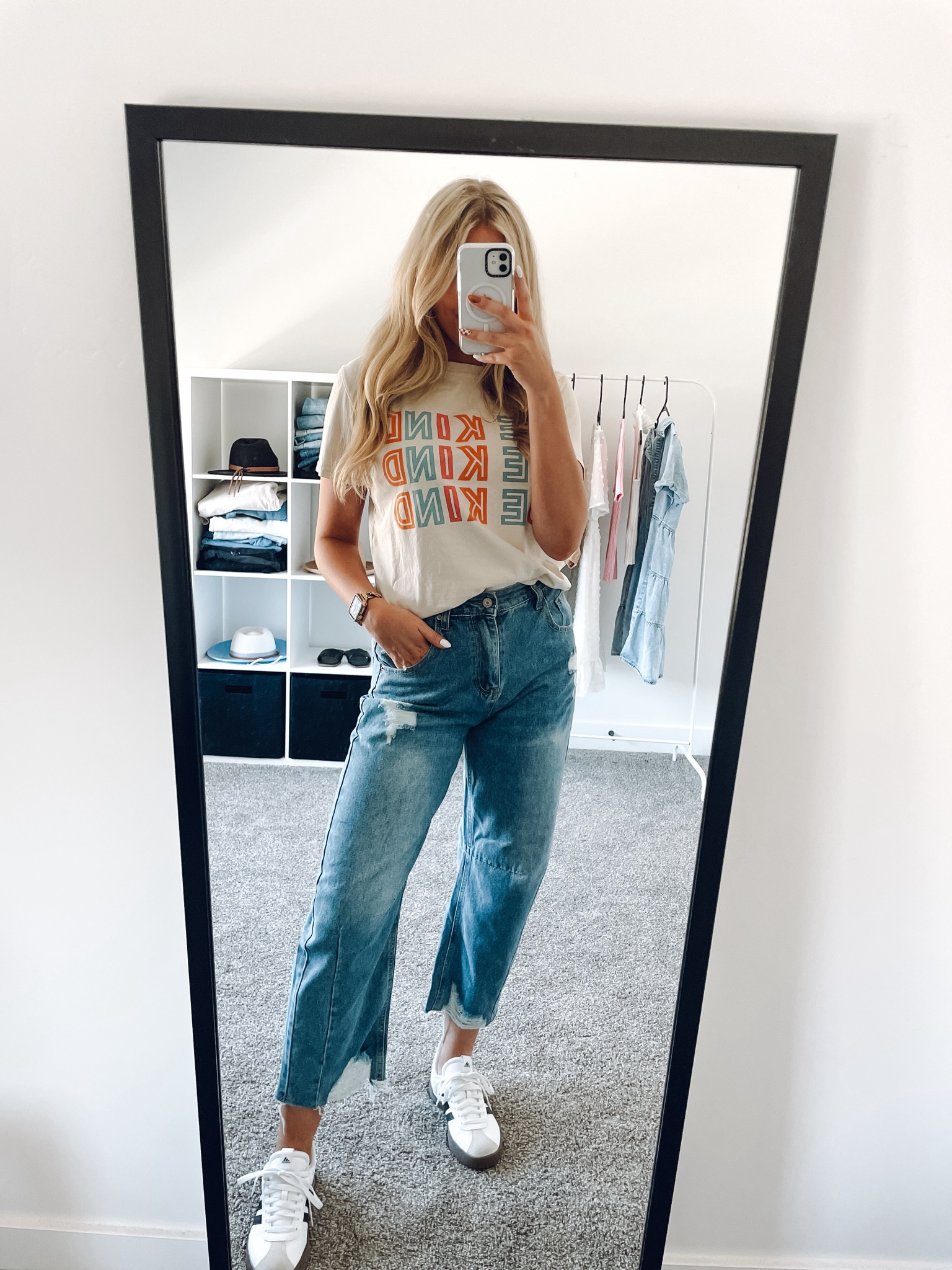 teacher outfit - what I would’ve worn for casual Friday this week in the classroom! This tee says Be Kind and comes in a few more color variations! Got my first pair of  barrel jeans and am surprised how much I like them!! I wish they were slightly longer on me but I’m 5’6” with long legs haha

Tee: wearing M
Jeans: true to size
Adidas sneakers: true to size

| teacher outfits | work outfits | fall outfit | teacher tee | teacher sneakers | womens jeans | amazon fashion  

#LTKSeasonal #LTKFindsUnder100 #LTKBacktoSchool