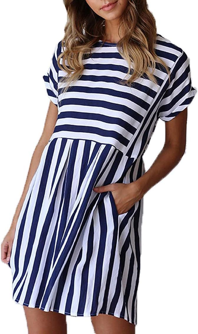 Naggoo Womens Summer Striped Short Sleeve T-Shirt Dresses Casual Swing Aline Dresses with Pocket | Amazon (US)