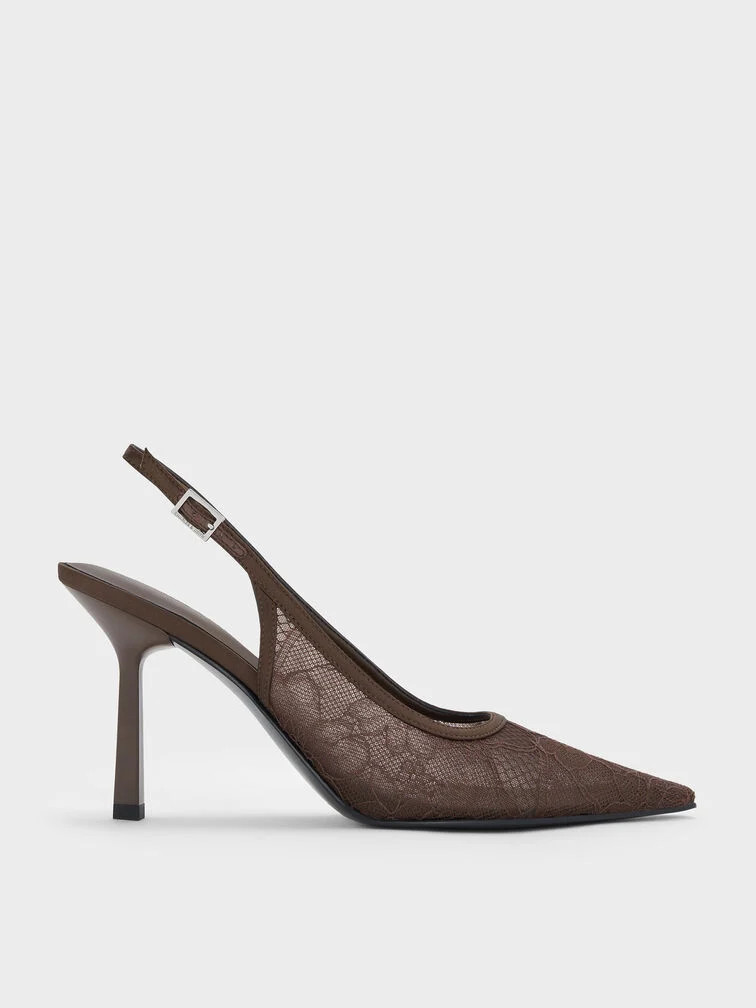 Lace & Satin Slingback Pumps - Dark Brown Textured | Charles & Keith AU