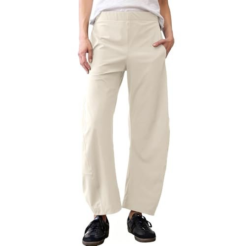 SeeLuNa Women Barrel Travel Pants Elastic Waistband Tapered Leg Baggy Mid Rise Work Trousers Lounge Pant with Pockets(Apricot,L) | Amazon (US)