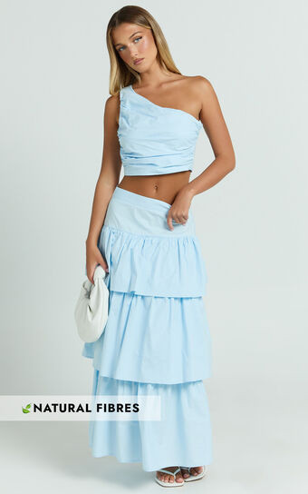 Kaycie Two Piece Set - One Shoulder Asymmetrical Ruched Top and Tiered Midi Skirt Set in Pale Blu... | Showpo (US, UK & Europe)