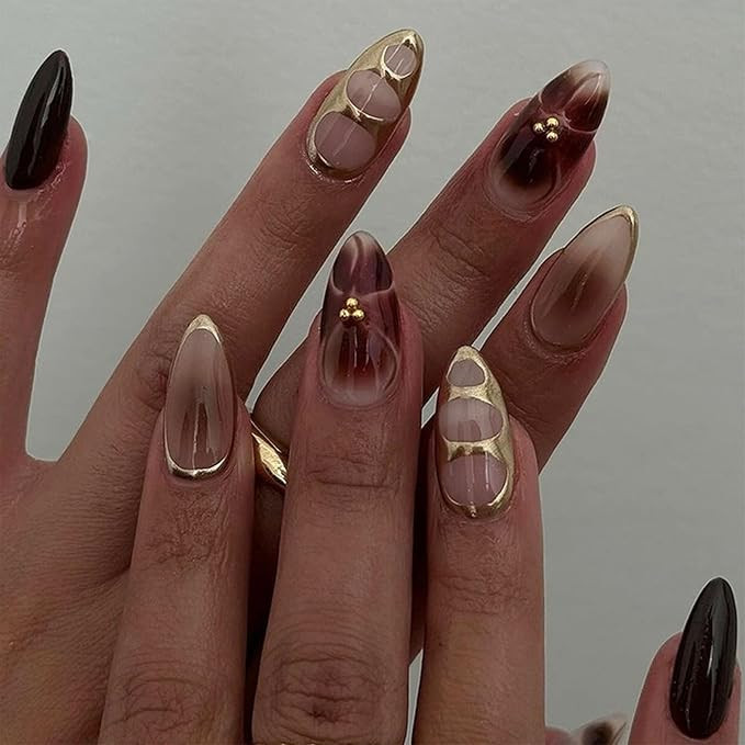 Press on Nails Medium Almond Fake Nails Glossy Glue on Nails Nude Brown Full Cover French Tips St... | Amazon (US)