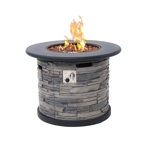 32-Inch Outdoor Porcelain Tile Gas Fire Table, 50,000 BTU Round Propane Fire Pit Table, Concrete Composite Firepit Base with Faux Stacked Stone Texture, Lid, Lava Rocks, Push-Button Ignition, Cover | Amazon (US)