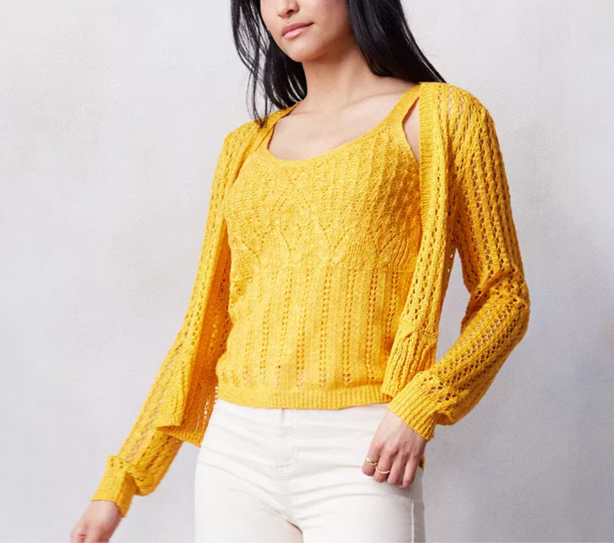 LC Lauren Conrad flounce ruffle cardigan in ‘chilled orange’ from
Kohls
Yellow ochre / saffron 
House of colour / Autumn 

#LTKSummerSales #LTKStyleTip #LTKWorkwear