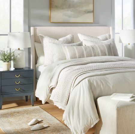 Target summer bedroom furniture and bedding. Nightstand on sale! Freshen your primary and guest bedroom. Neutral bedding, coastal, classic home decor style. 

#LTKHome #LTKSaleAlert