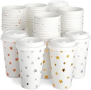 48-Pack Insulated Disposable Paper Coffee Cups with Lids 16 oz with 4 Assorted Foil Star Designs ... | Amazon (US)