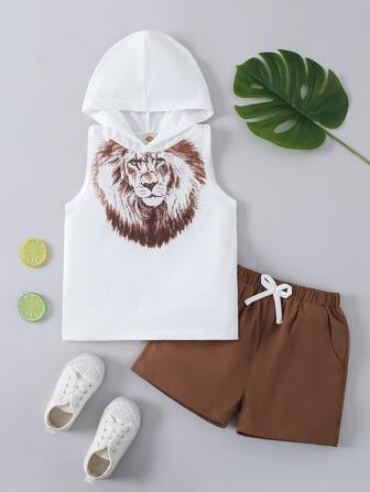 SHEIN Kids EVRYDAY Toddler Boys 3D Lion Print Hooded Tank & Slant Pocket Shorts | SHEIN