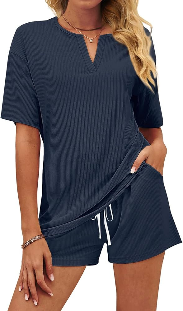 Jescakoo Two Piece Outfits for Women Summer Lounge Sets V Neck shirts and Shorts Set Sweatsuits with | Amazon (US)