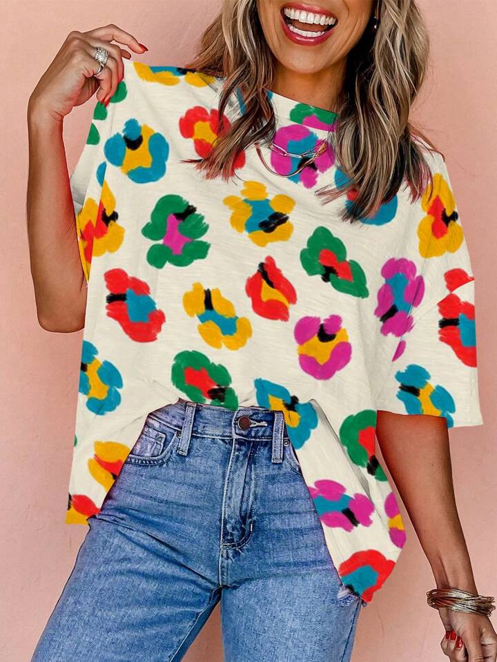 CILKOO Daily Casual Apricot Leopard Drop Shoulder Round Neck Oversize Tee Top | SHEIN