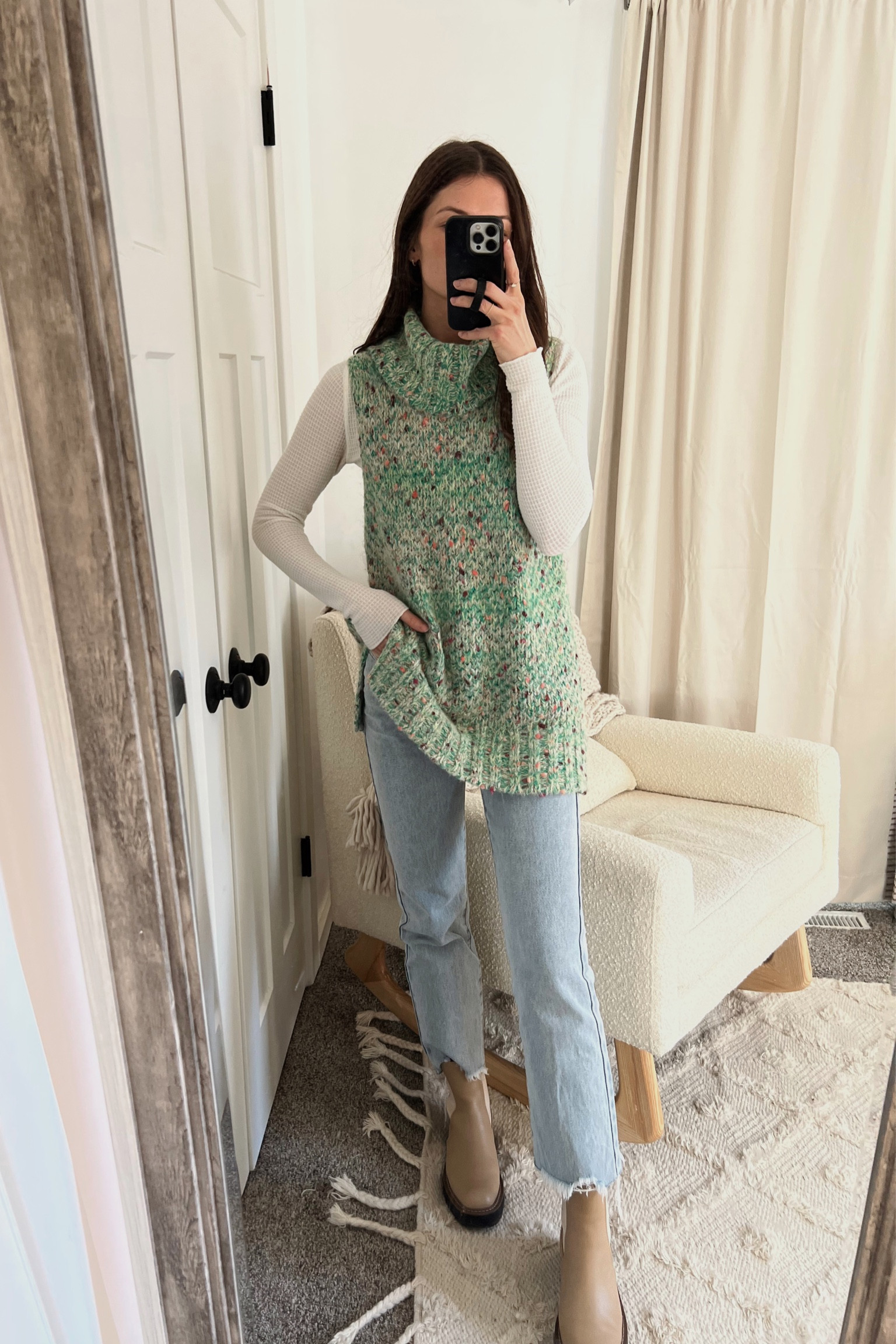 Wearing small in sweater vest
Wearing small in long sleeve 
Jeans tts 

#LTKSeasonal #LTKFind