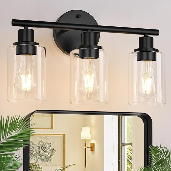 3-Light Bathroom Light Fixtures, 17.23" Black Modern Vanity Lights with Clear Glass Shade, Bathro... | Amazon (US)