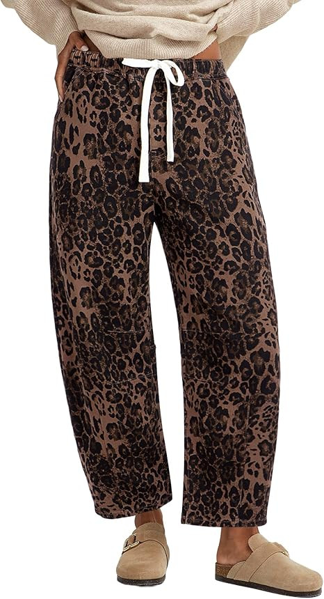 GRAPENT Barrel Jeans for Women Trendy High Waisted Pull On Wide Leg Cropped Leopard Cheetah Print... | Amazon (US)