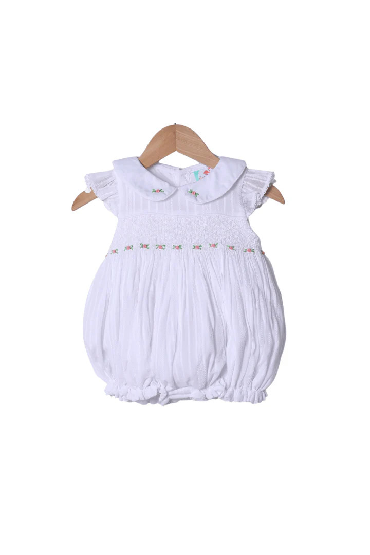 Smocked Heirloom Floret White Linen Bubble | The Smocked Flamingo