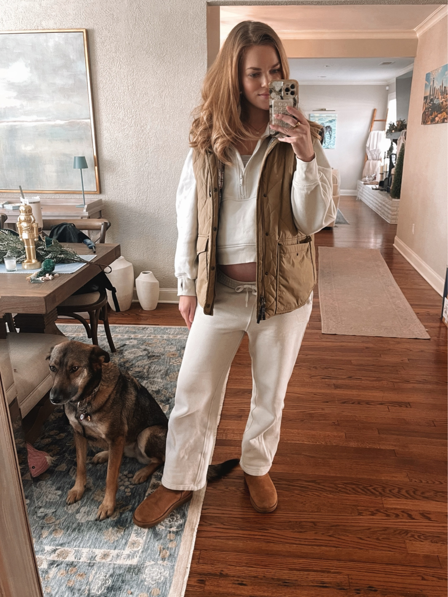 Winter loungewear. Bump friendly. White matching sweat set. Tan puffer vest. Ugh boots. Bump fit. Maternity wear  

#LTKBaby #LTKFindsUnder50 #LTKBump