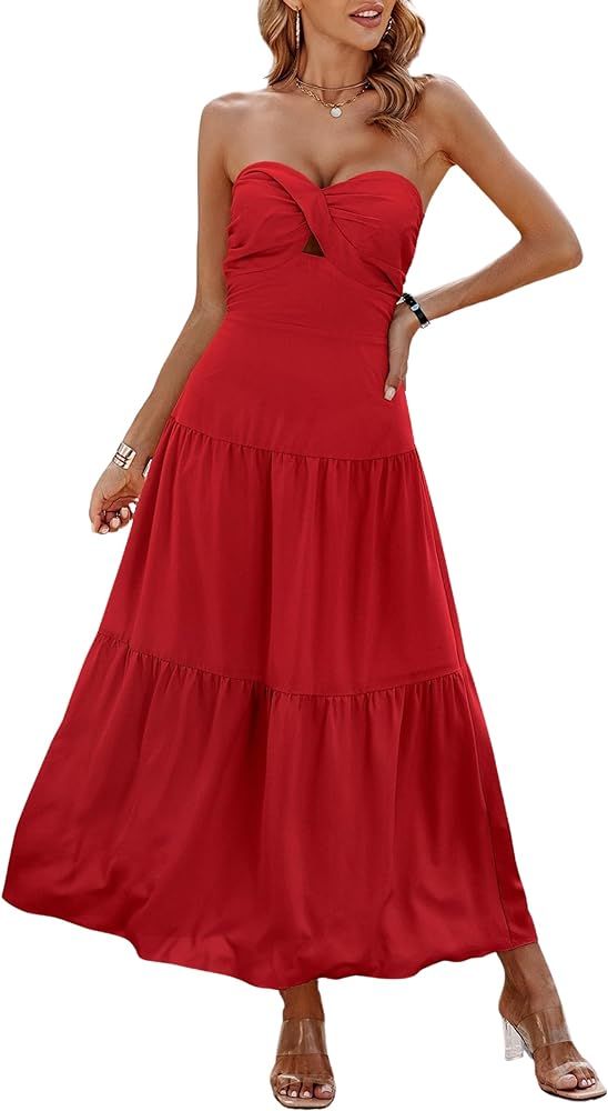 ECOWISH Women's Summer Strapless Maxi Dress 2024 Off Shoulder Hollow Out Smocked A Line Tube Tier... | Amazon (US)