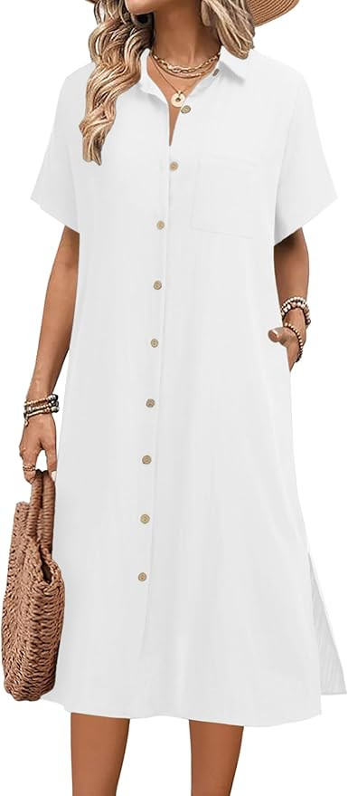 HOTOUCH Womens Dress Summer Casual Midi Short Sleeve Button Down Shirt Dresses Loose Beach Cover ... | Amazon (US)