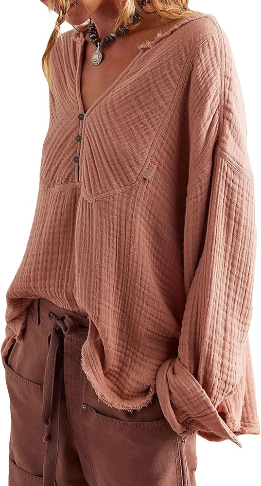 SCOFEEL Women's Casual V Neck Placket Shirt Pullover Soft Long Sleeves Shirt Fall Raw Trim Loose ... | Amazon (US)