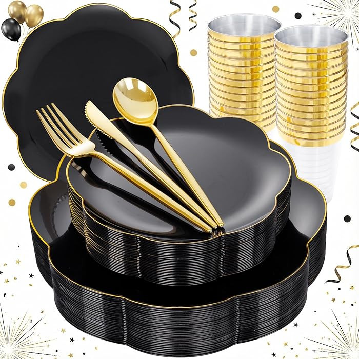 EI 180pcs Black Plastic Plates with Gold Plastic Silverware,Black and Gold Plates Disposable,Heav... | Amazon (US)