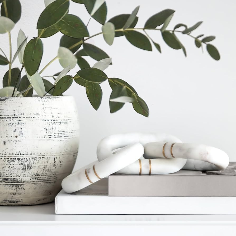 13" White Marble Chain Link Decor with Brass Detail - Handcrafted Marble Decor, Chain Decor, Deco... | Amazon (US)