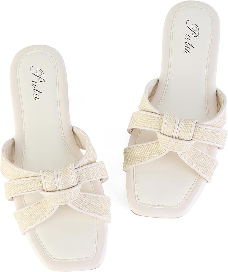 Putu Women's Flat Sandals Square Toe Slide Sandals Braided Sandals for Vacation | Amazon (US)