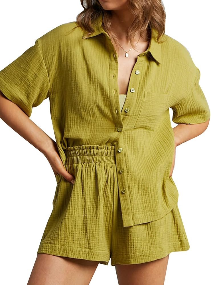 Women's 2 Piece Outfits Track Suits Matching Sets Loungewear for Vacation Button Down Shirt and S... | Amazon (US)