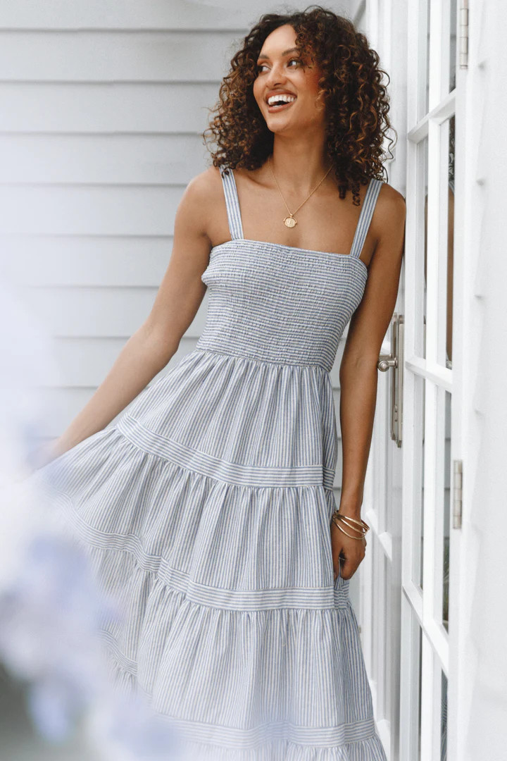 Savannah Midi Dress - Blue Gold Stripe | Petal & Pup (US)