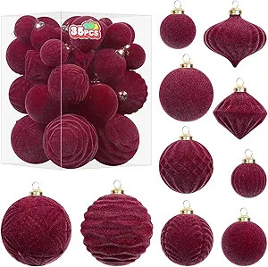 Super Holiday Velvet Christmas Ornaments Set, 35PCS Flocked Shatterproof Assorted Hanging Xmas Tr... | Amazon (US)