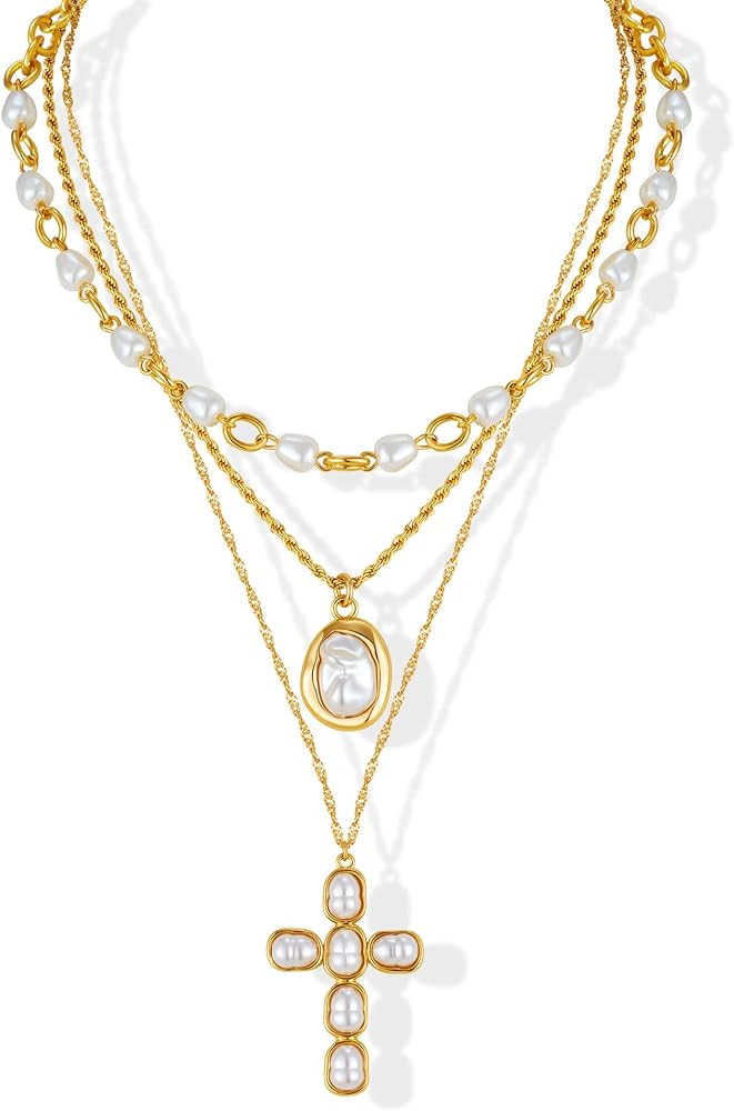 Cross Necklace for Women Layered Pearl and Cable Chain With A Cross Pendant Christian Necklace Je... | Amazon (US)