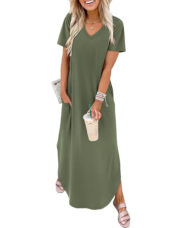 WIHOLL Women's Summer Short Sleeve Dresses Maxi Dress Vacation Beach Sundresses 2026 with Pockets | Amazon (US)