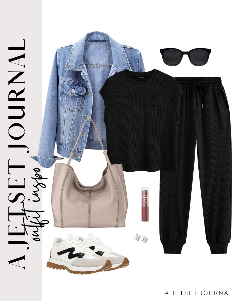 If you love wearing black outfits as I do, you need to check out this outfit idea. I paired a black matching set with a denim jacket and accessorized it with the Sak Los Feliz tote bag and stud earrings. The Steve Madden Campo sneakers complete this chic look perfectly! 

 #LTKSeasonal #LTKSaleAlert #LTKTravel