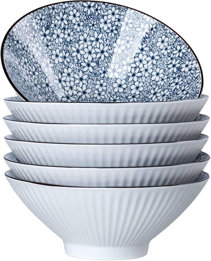 38 oz Japanese Ramen Bowl Set of 6 - Large 8 Inch Ceramic Soup Bowls, Blue and White Japanese Noo... | Amazon (US)